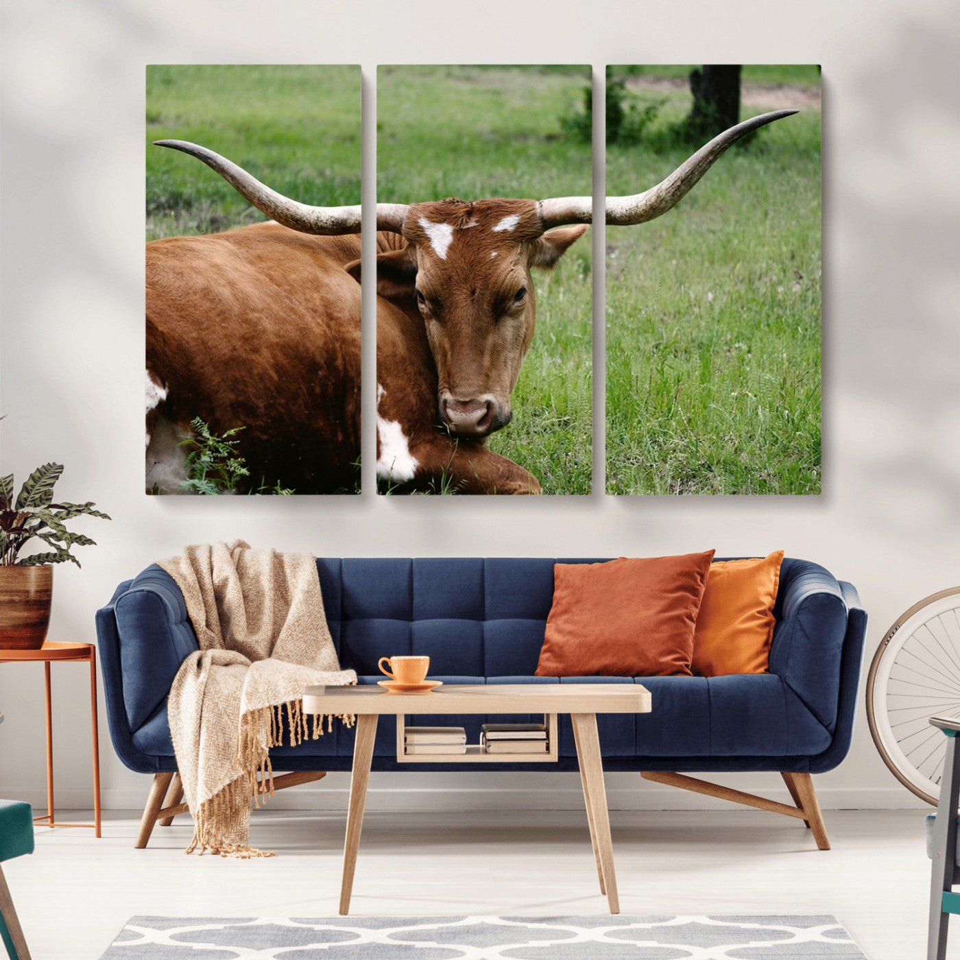 MGV-CV-48X32-3P - Longhorn Steer Canvas Wall Art – Rustic Nature Triptych Decor for Living Room or Office – Ready to