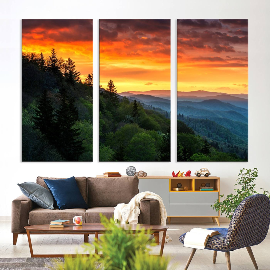 The Great Smoky Mountains Sunset Wall Art, a 3-panel print, beautifully captures natures beauty and is perfect for living room or office decor.