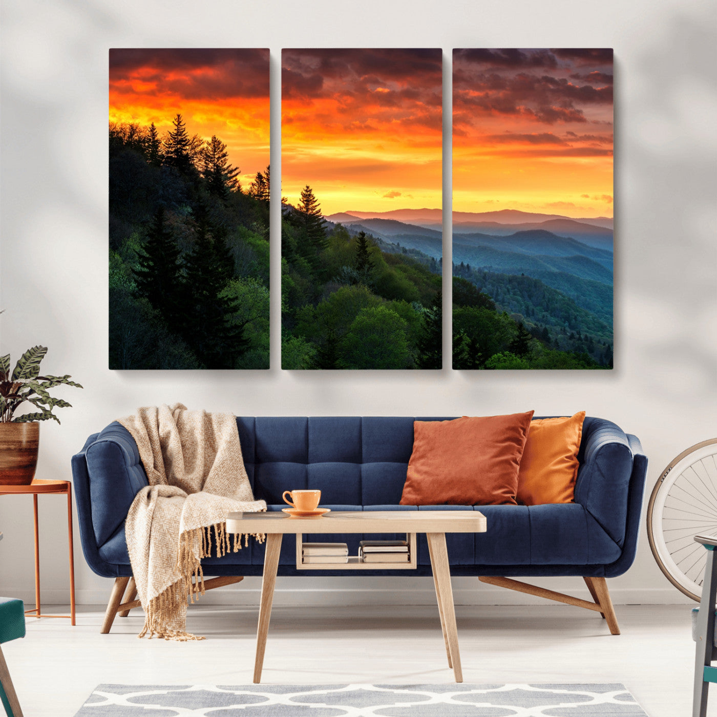 MGV-CV-48X32-3P - Great Smoky Mountains Sunset Wall Art Canvas Print | 3 Panel Large Nature Landscape Photography for