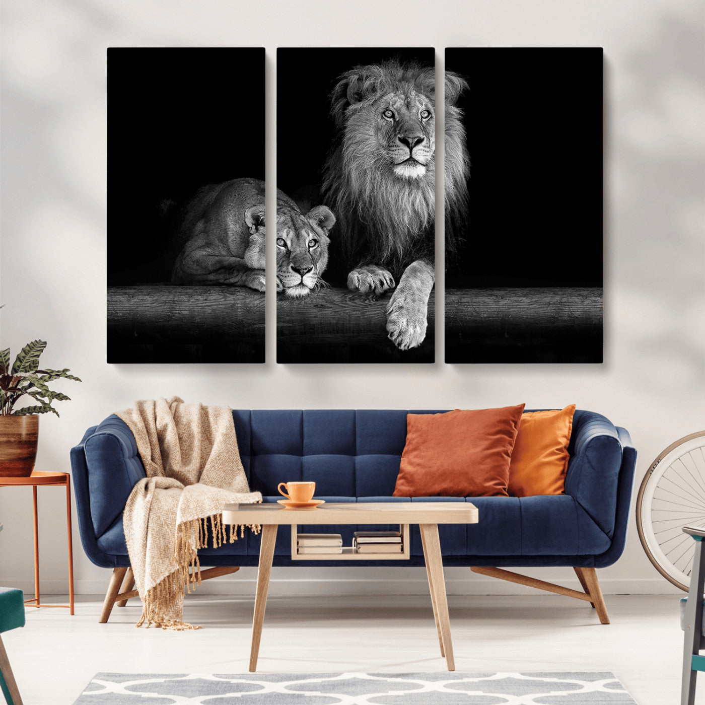 MGV-CV-48X32-3P - Large Black and White Lion Couple Wall Art Canvas Print