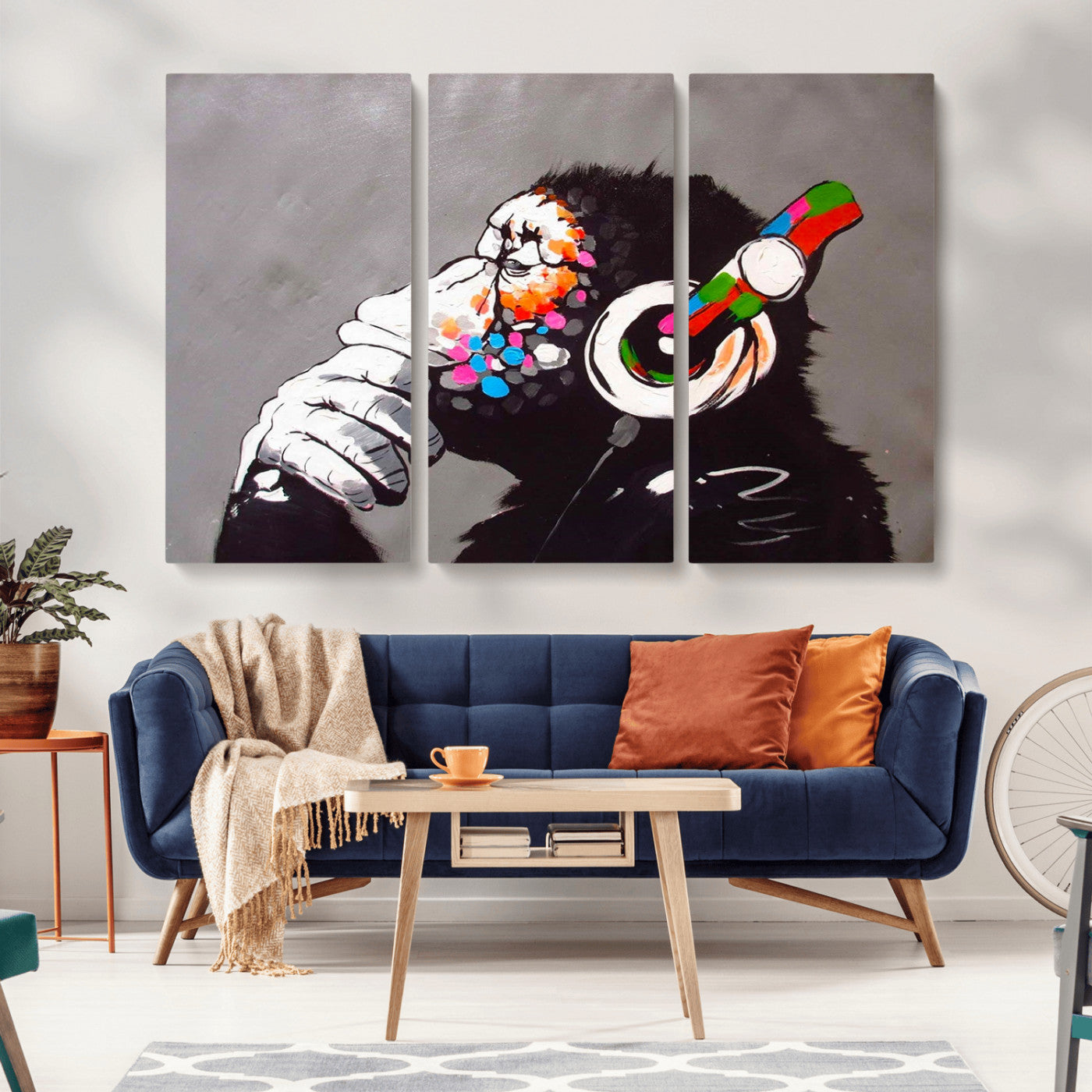 MGV-CV-48X32-3P - Dj Monkey Listening to Music Wall Art Print | Banksy Monkey Large Canvas Print for Living Room,