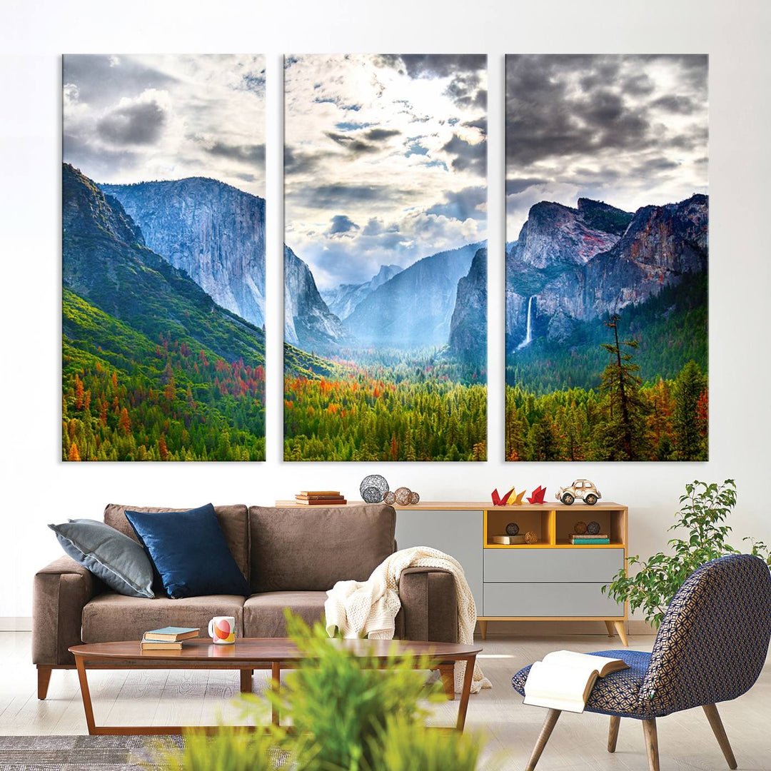 The Yosemite Park Half Dome 3 Panel Canvas Print beautifully captures the enchanting beauty of national parks with its vibrant mountain and forest scene. This large giclée landscape wall art is perfect for living rooms, offices, or bedrooms and comes ready to hang.