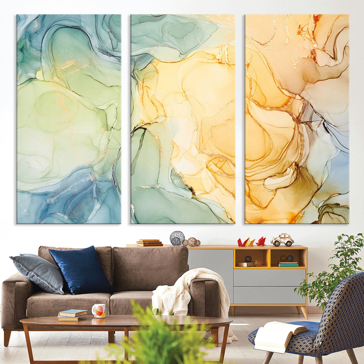 42195-MGV-CV-36X24-Green and Yellow Marble Fluid Effect Wall Art, Green and Yellow Marble Canvas Wall Art Print