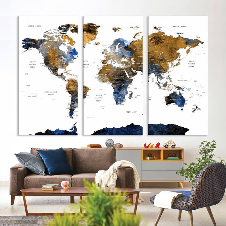 The Triptych Modern World Map Canvas in blue and brown is an ideal global decor piece for enhancing living rooms or offices. It comes ready to hang.