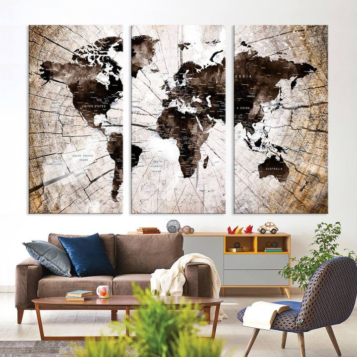 A Vintage World Map on Wood Style Canvas hangs prominently.