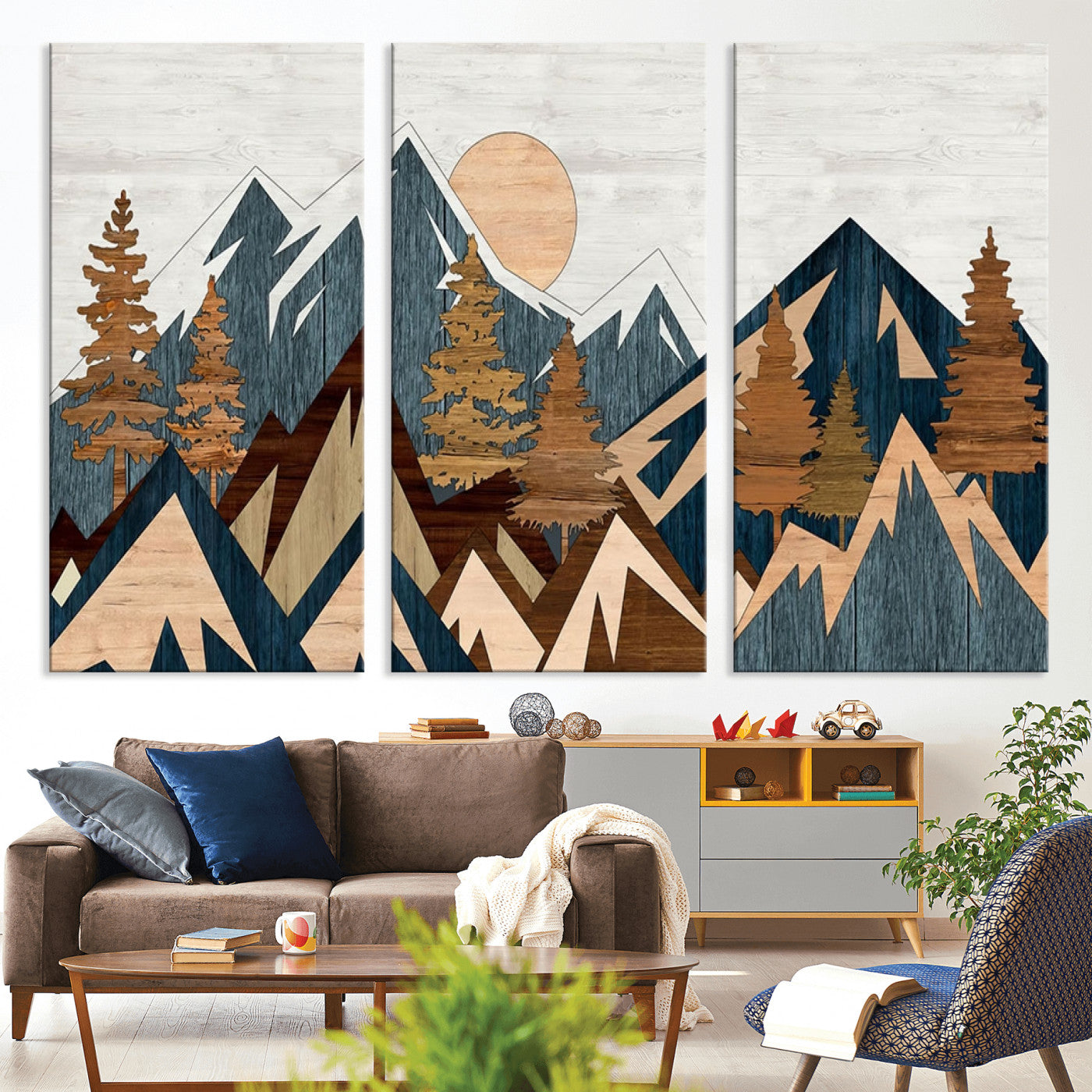 91467-MGV-CV-36X24-Abstract Wood Panel Effect Mountain Range Top Wall Art Canvas Print