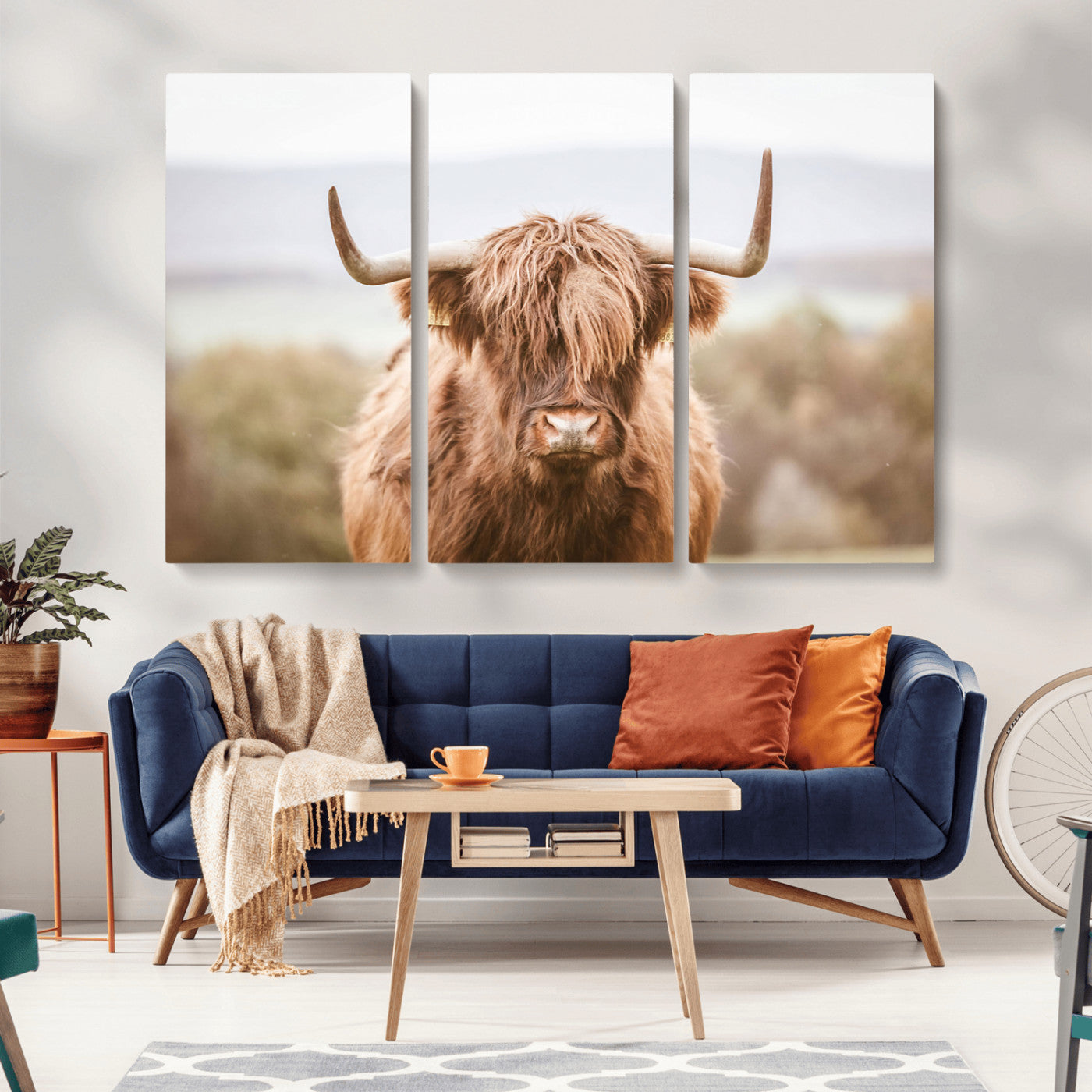 MGV-CV-48X32-3P - Scottish Serene Highland Cow Canvas Wall Art – Serene Highland Cow in Natural Pastel Tones – Ready