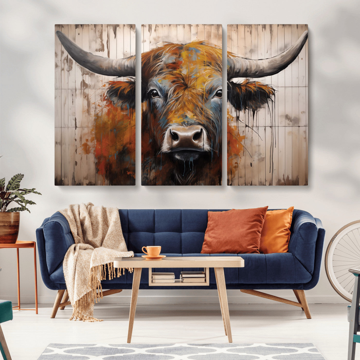 MGV-CV-48X32-3P - Abstract Bull Highland Cow Canvas Wall Art Print – Vibrant Rustic Charm in Modern Farmhouse Decor –