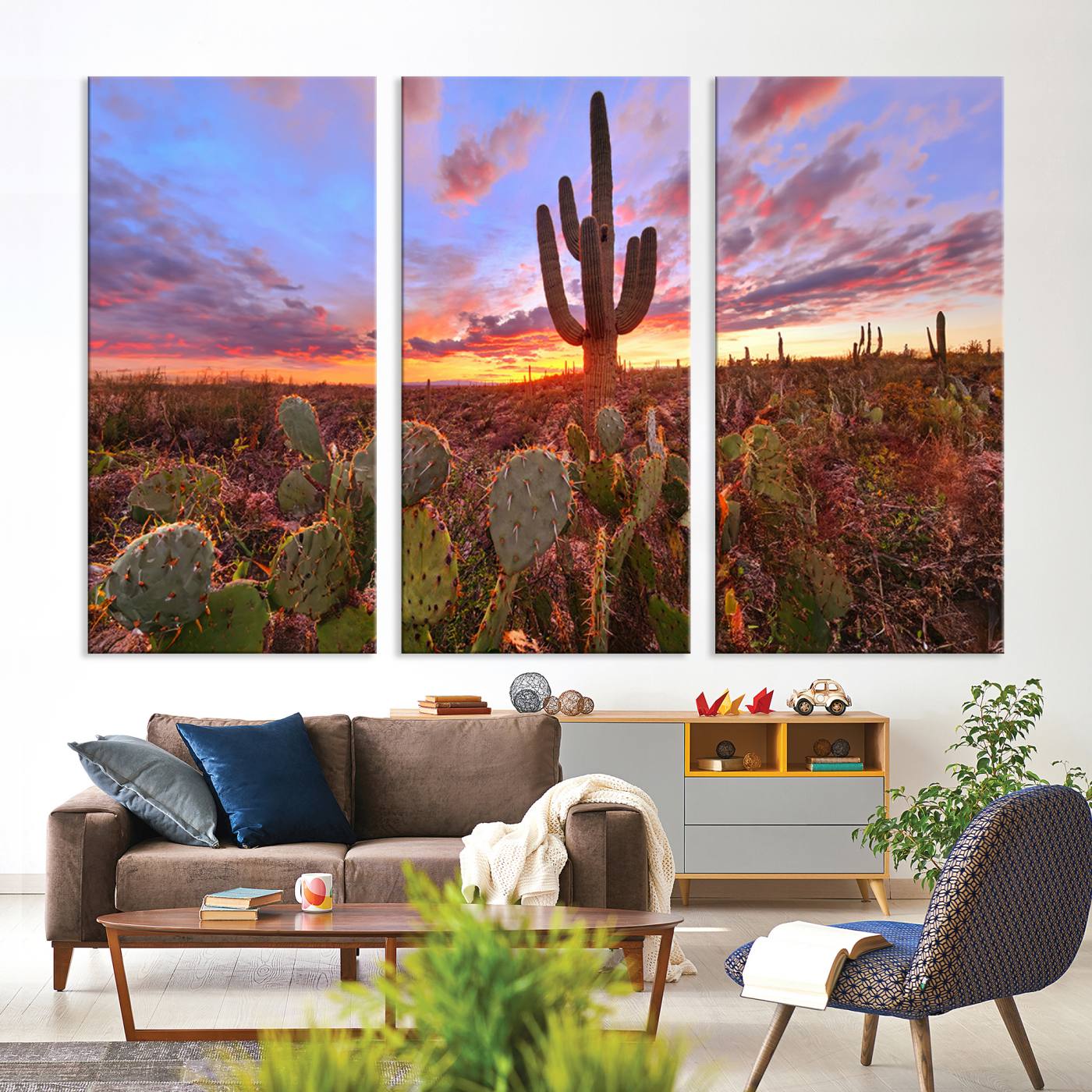 The Arizona Desert Sunset Wall Art Canvas Print hangs prominently.