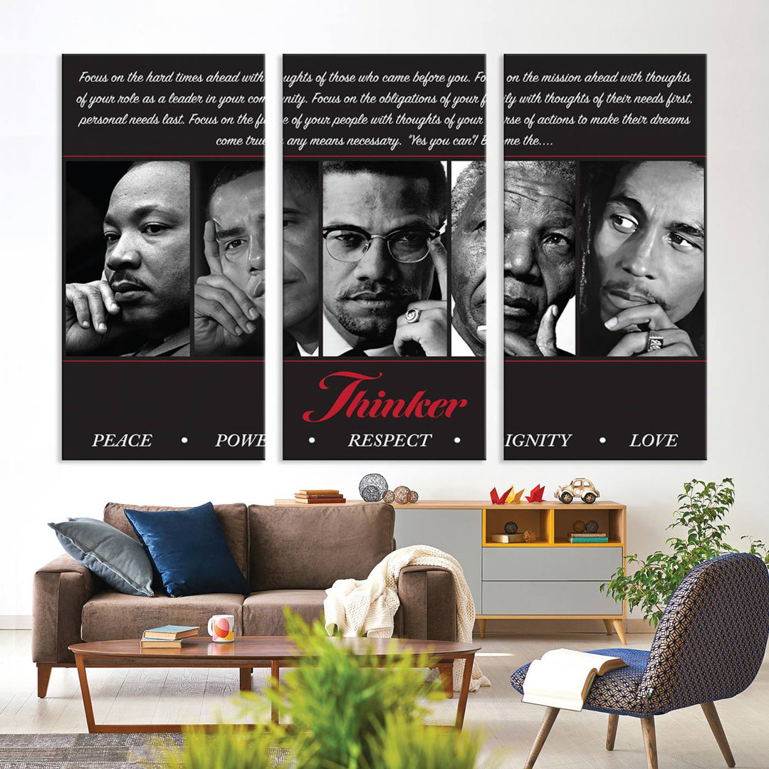 The wall art is a black and white piece featuring iconic figures accompanied by the words Thinker Peace Power Respect Dignity.