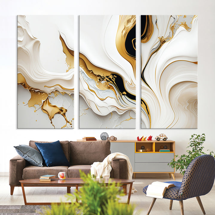 Modern interiors showcase Gold Waves on Pure White Canvas.