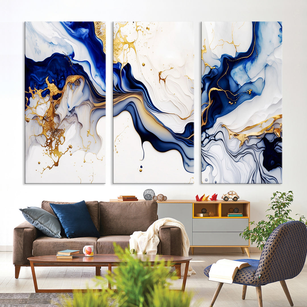 Golden Cascades on Midnight Blue – Abstract Flowing Elegance | Wall Art Canvas, Framed & Ready to Hang