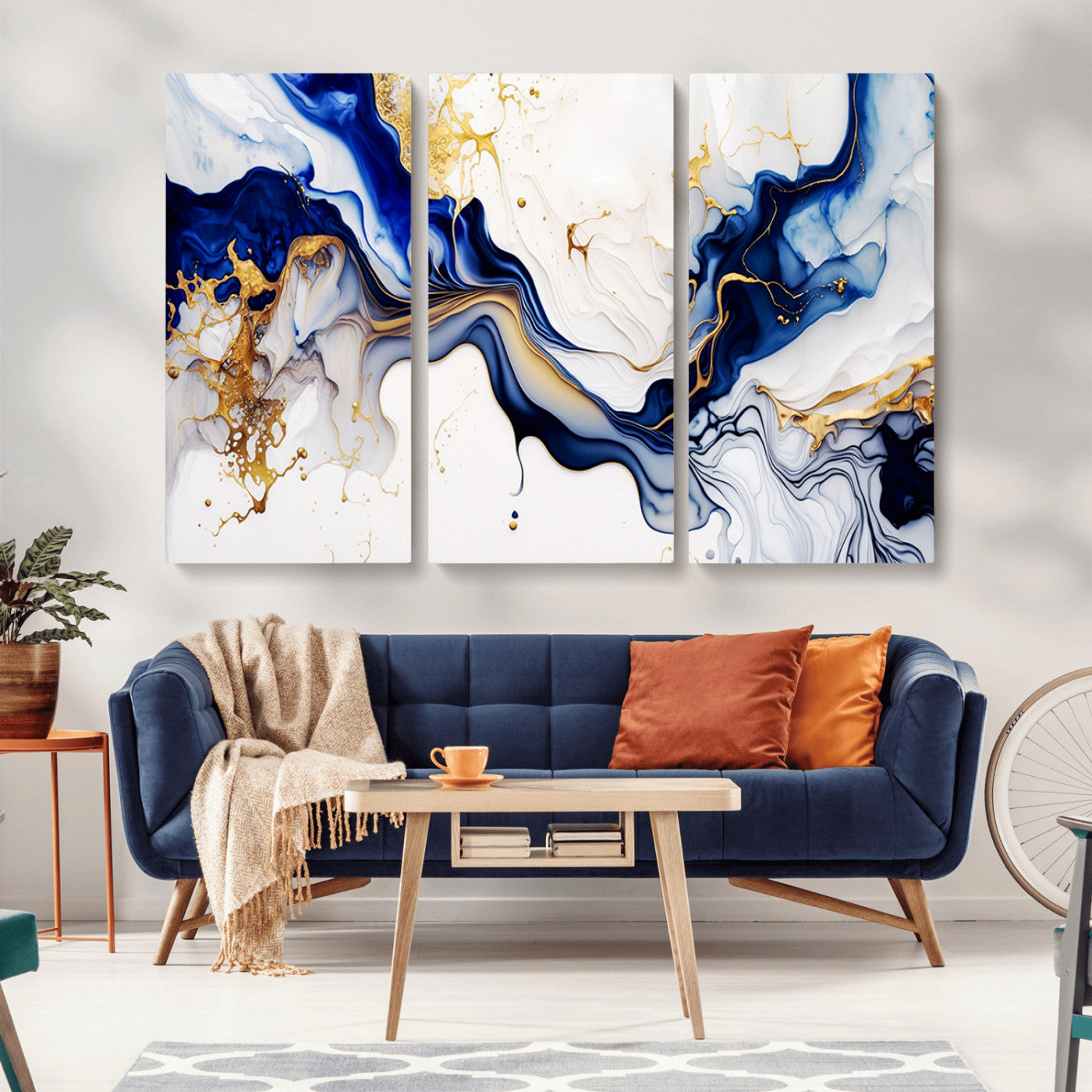MGV-CV-48X32-3P - Golden Cascades on Midnight Blue – Deep Blue Abstract Wall Art Flowing Elegance | Wall Art Canvas,