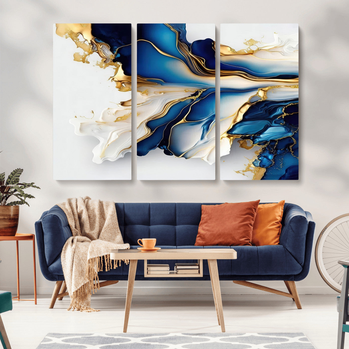 MGV-CV-48X32-3P - Gold Marble Art - Abstract Geode Gold And Blue Marble Shape 3 Pieces Wall Art Canvas Print
