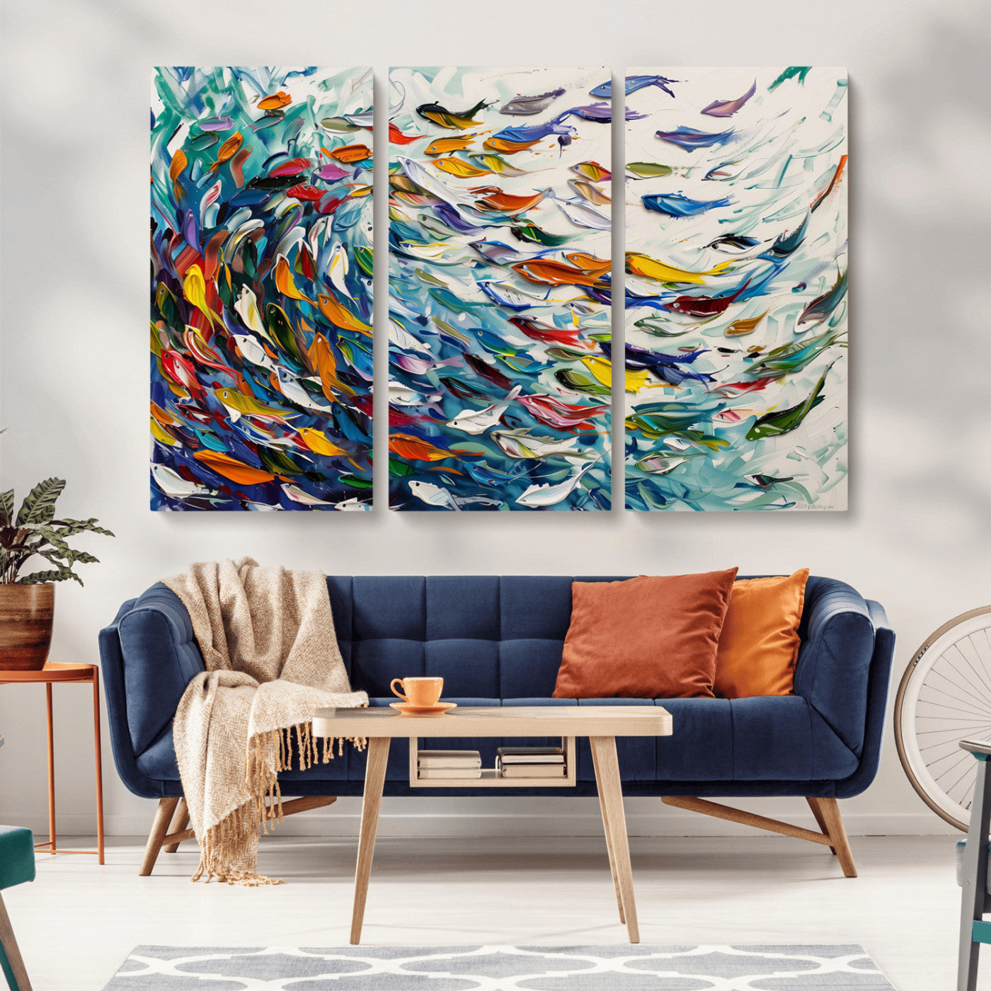 MGV-CV-48X32-3P - Modern Abstract Fish Shoal Wall Art Canvas Print, Colorful Fish Herd Painting on Canvas Print, Ocean