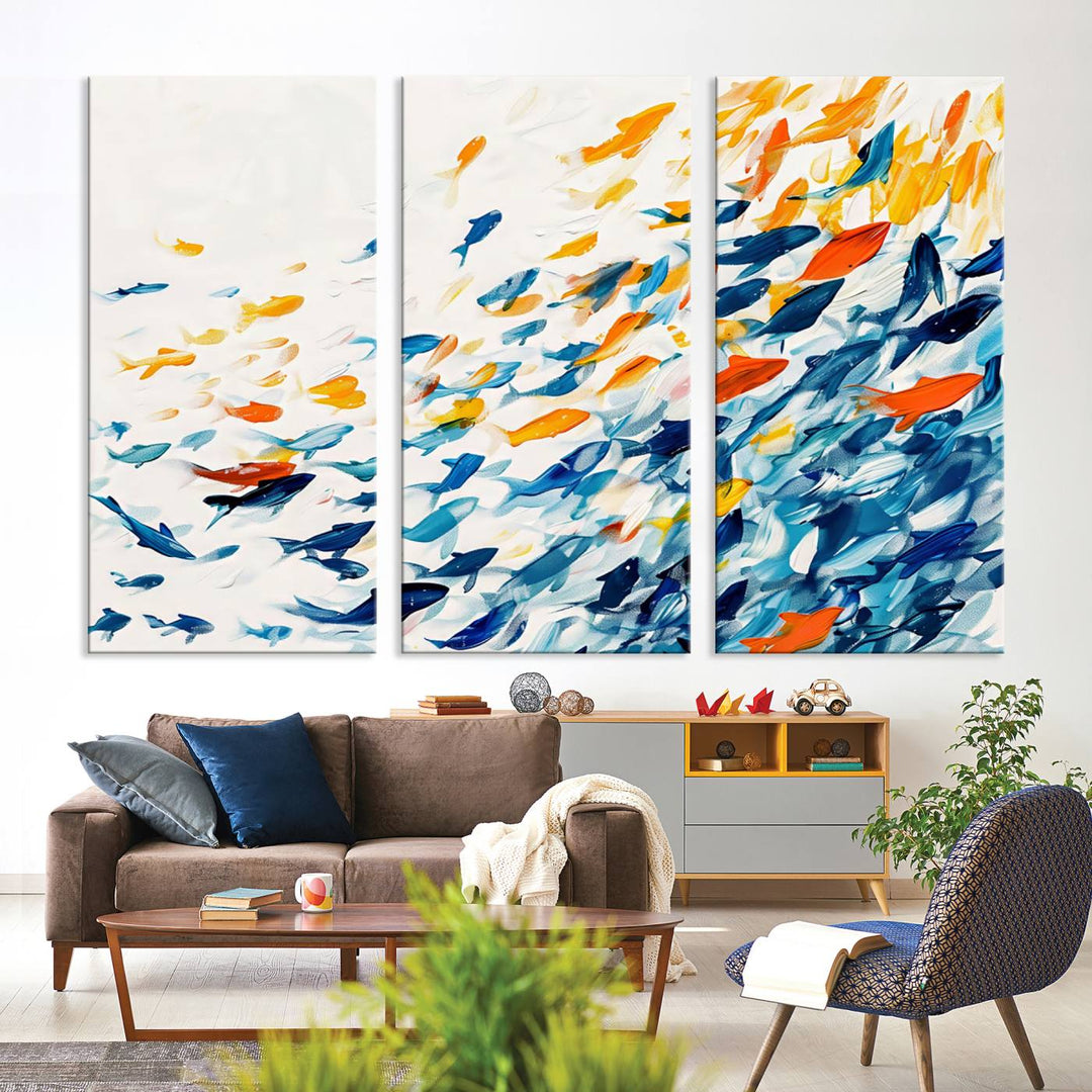 A colorful Abstract Fish Shoal Canvas Print hangs on the wall.