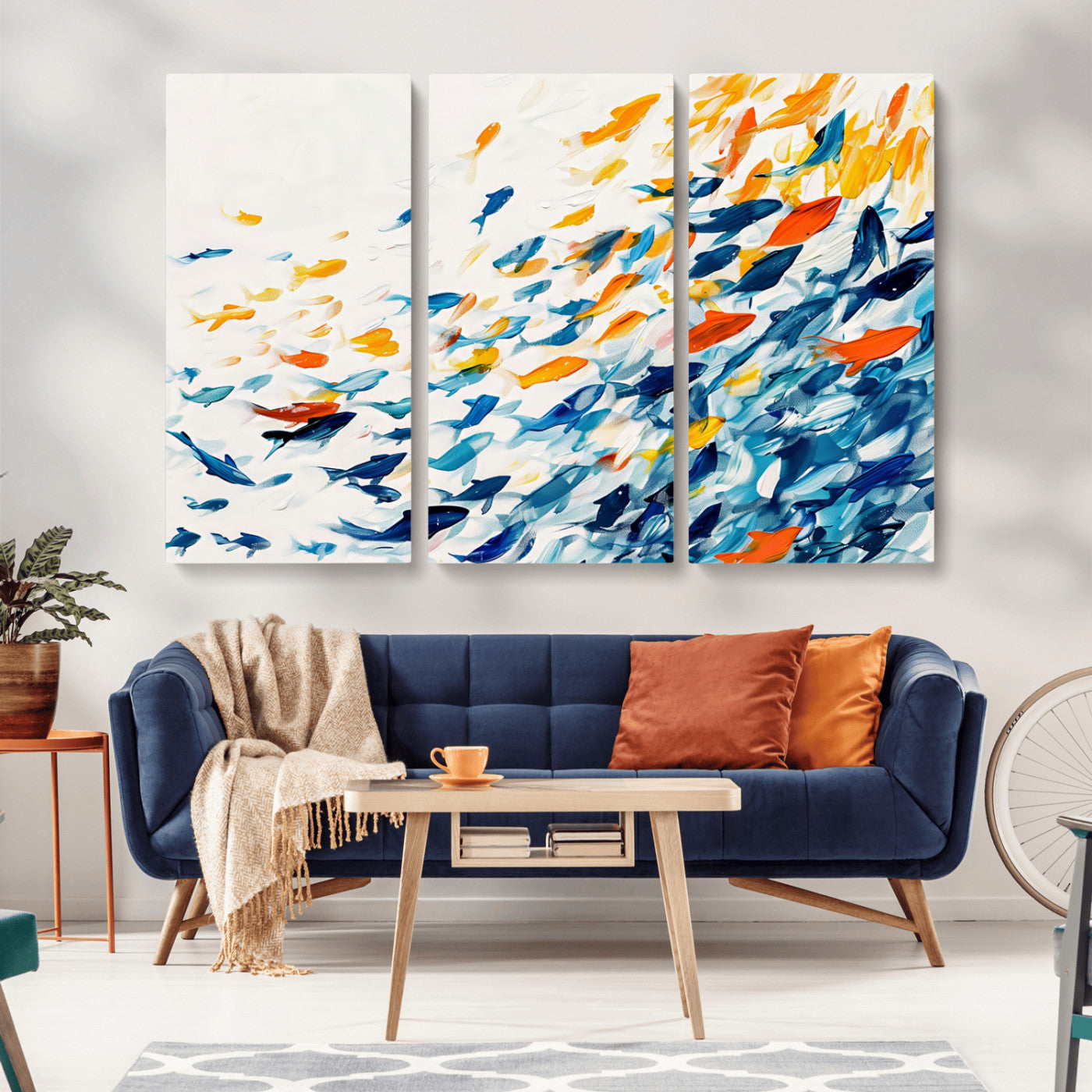MGV-CV-48X32-3P - Abstract Fish Shoal Wall Art Canvas Print, Colorful Fish Herd Painting on Canvas Print, Ocean Animal