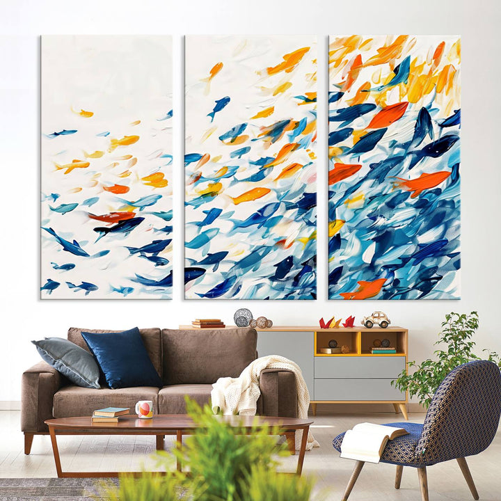 A colorful Abstract Fish Shoal Canvas Print hangs on the wall.