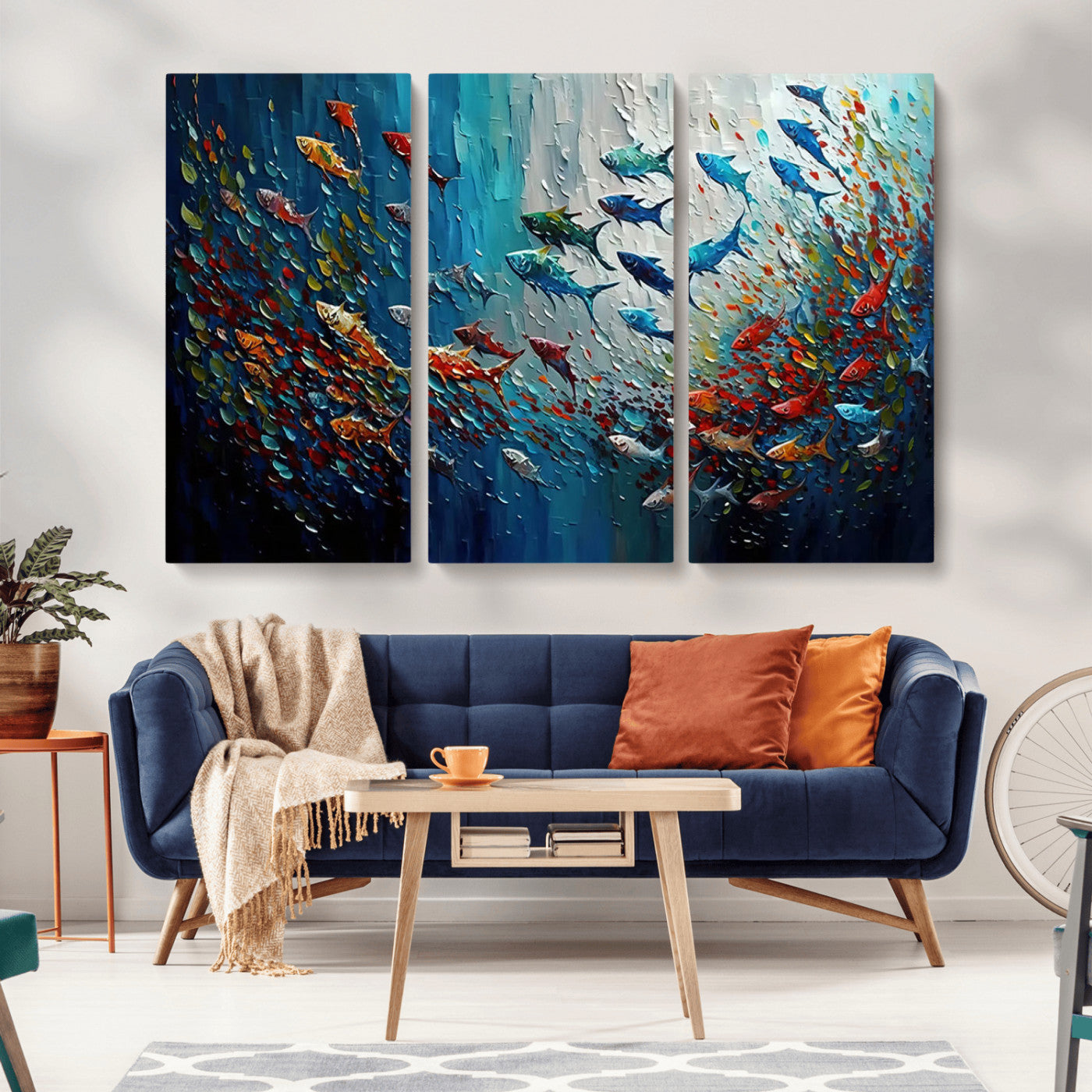 MGV-CV-48X32-3P - Modern Abstract Fish Shoal Wall Art Canvas Print, Colorful Fish Herd Painting on Canvas Print, Ocean