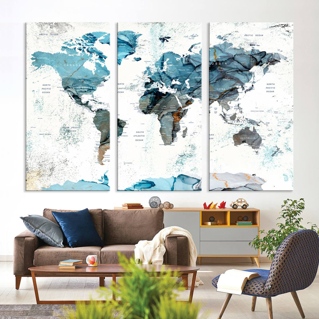 Push Pin World Map Wall Art Canvas Print adds a touch of elegance to the home decor.