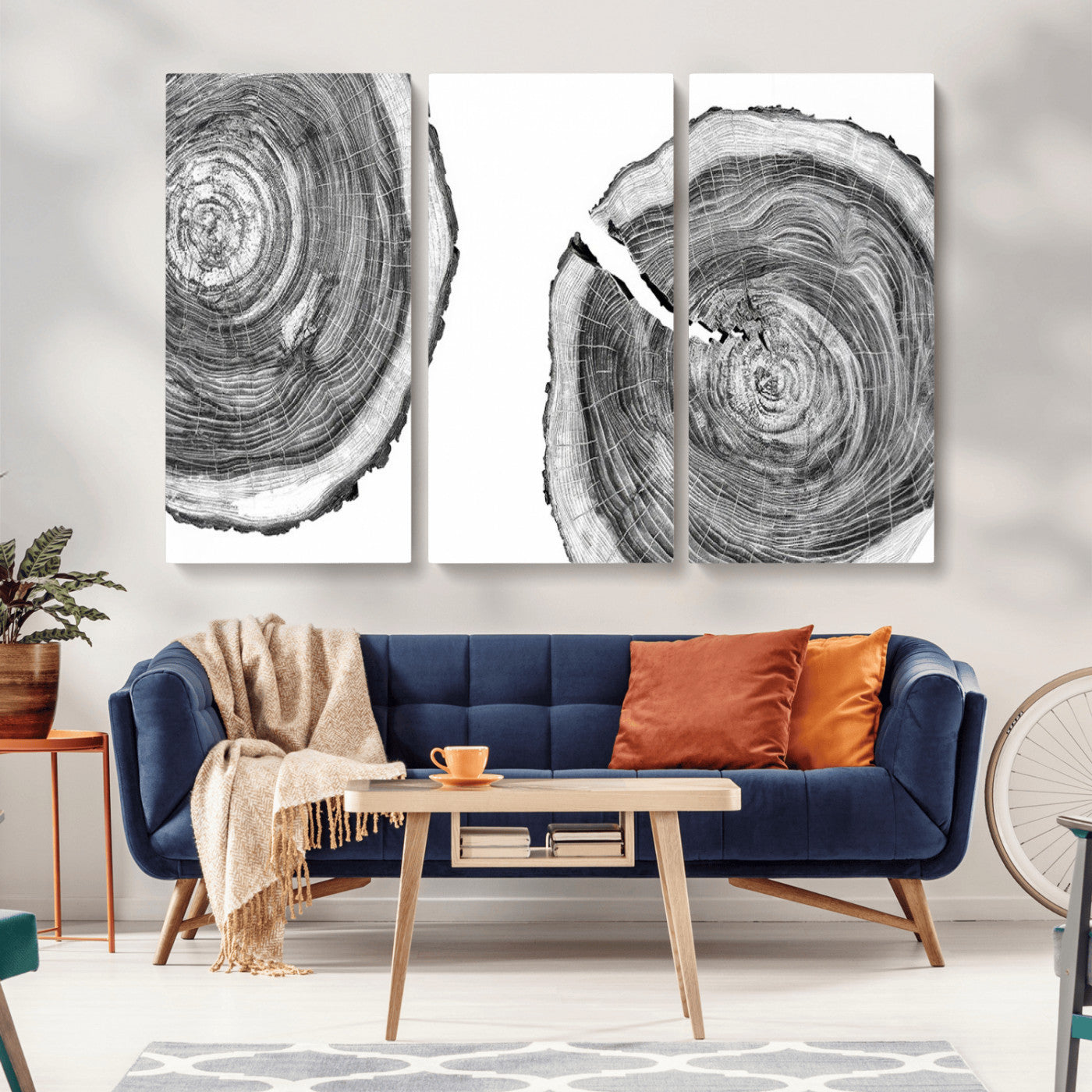 MGV-CV-48X32-3P - Modern Black and White Tree Rings Canvas Wall Art – Nature Inspired Wood Slice Print – Minimalist