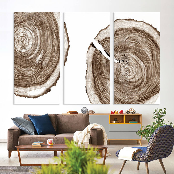 Wood Tree Ring Wall Art on a minimalist black and white canvas.