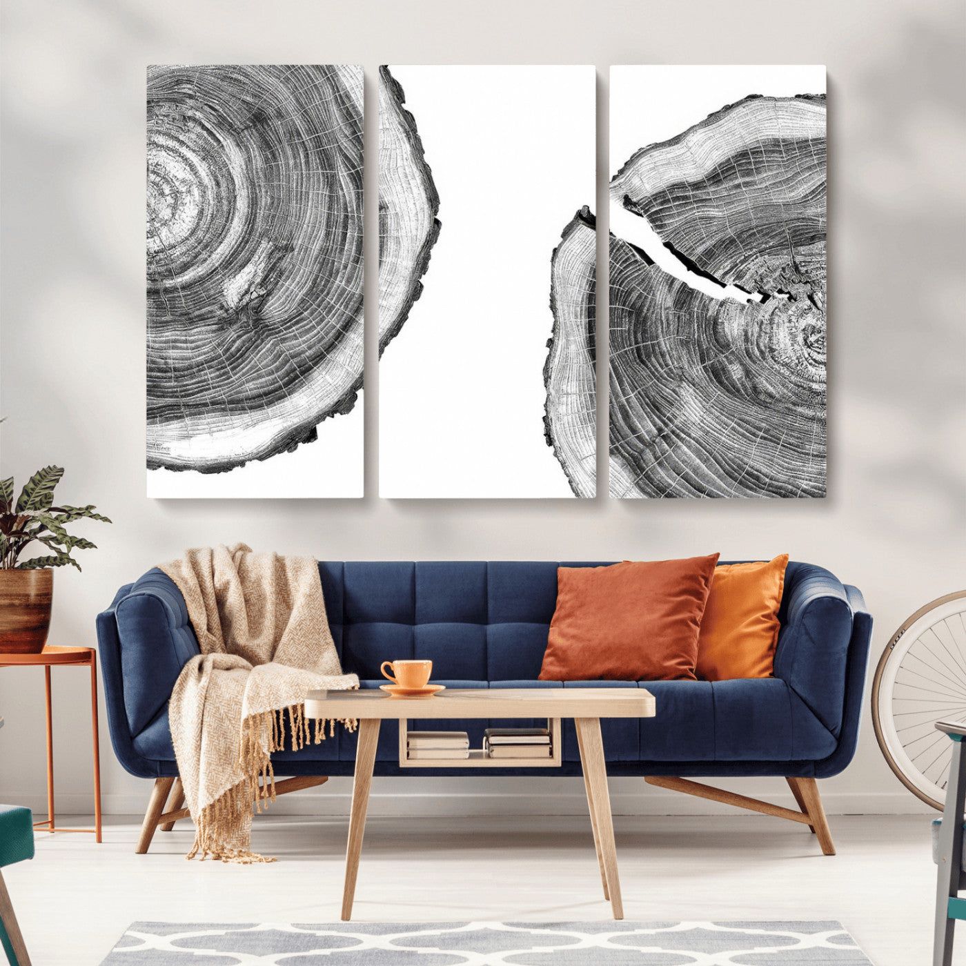 MGV-CV-48X32-3P - Abstract Large Tree Rings – Minimalist Black and White Wood Art | Triptych Canvas, Modern Wall Decor