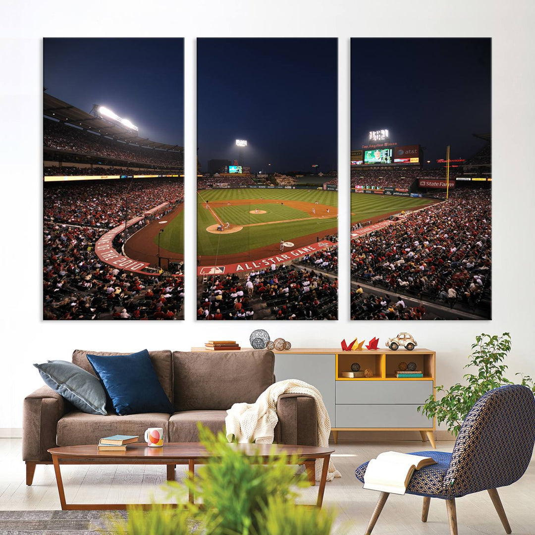 Aerial view of an LA Angels game at night, captured as stunning wall art on premium canvas, handmade in the USA.