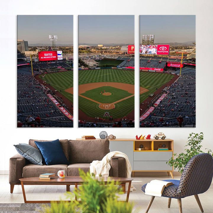 Aerial view of Angel Stadium, perfect as gallery-quality wall art - Los Angeles Angels Canvas Print.