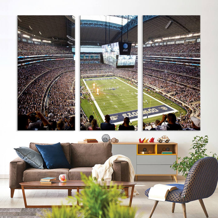 The wall art is a Dallas Cowboys AT&T Stadium Canvas Print, showcasing the iconic logo.