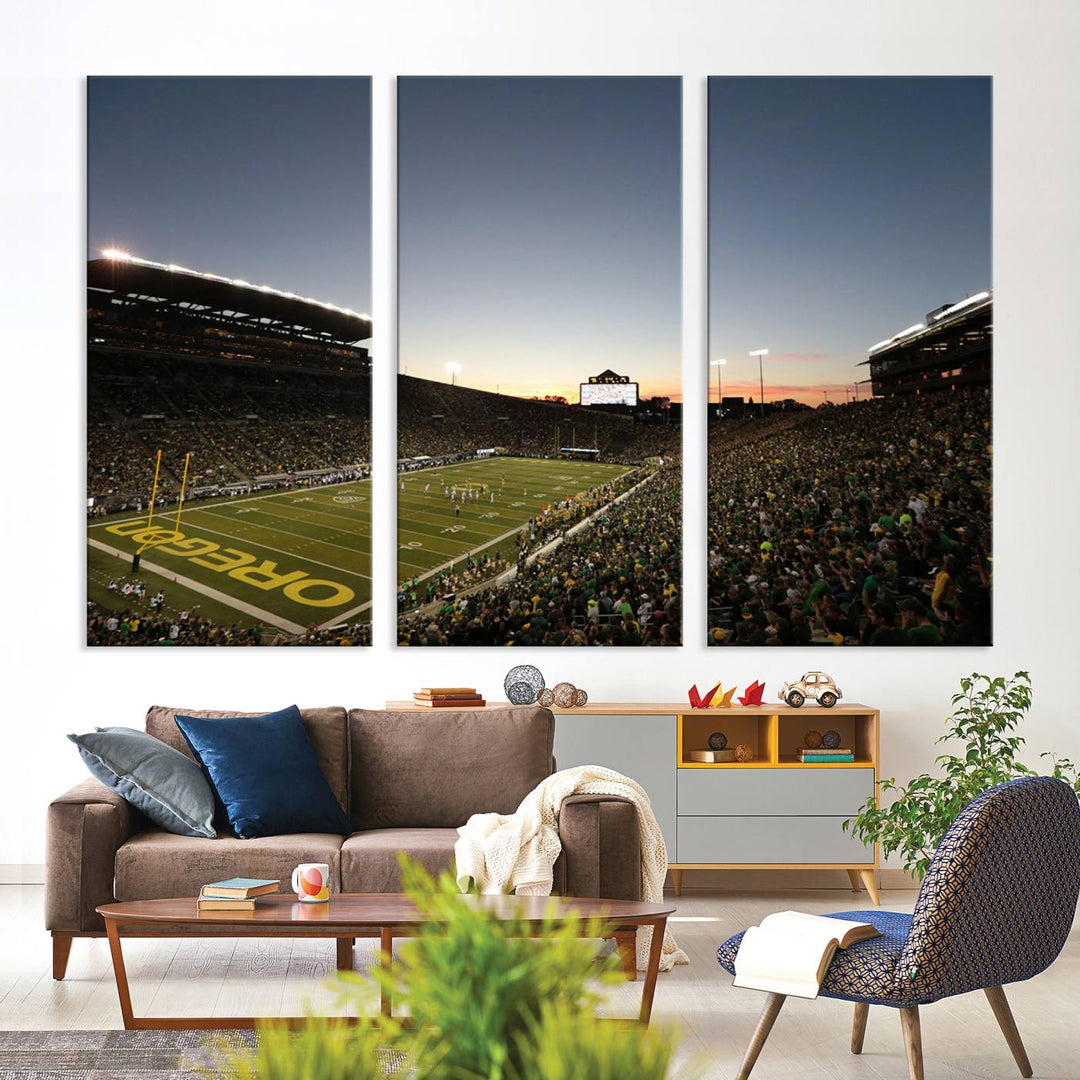 Canvas artwork depicting an Oregon Ducks football game at Autzen Stadium, capturing a sunset and packed stands.