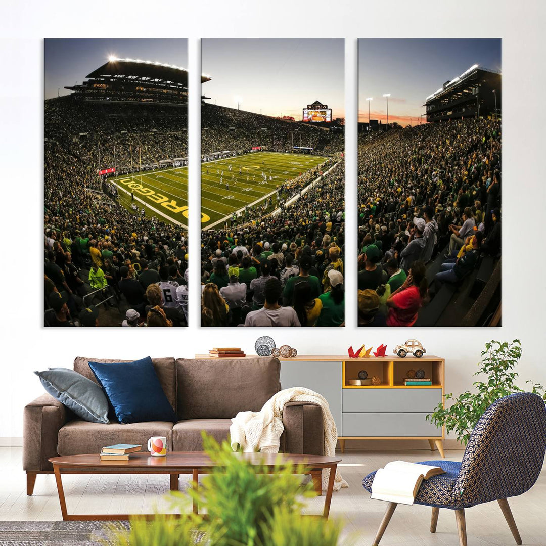 Autzen Stadium Evening Game Triple Canvas Wall Art - Oregon Ducks Football Match