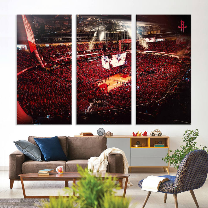 A crowded basketball arena with red lighting hosts a Houston Rockets game.