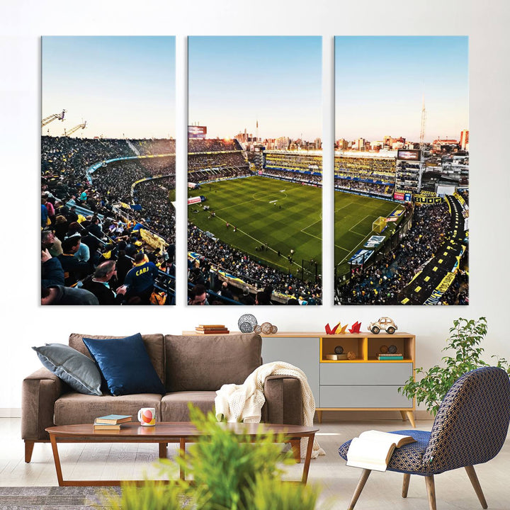 The wall art canvas print vividly captures the dynamic soccer culture at Bombonera Stadium with its vibrant depiction.