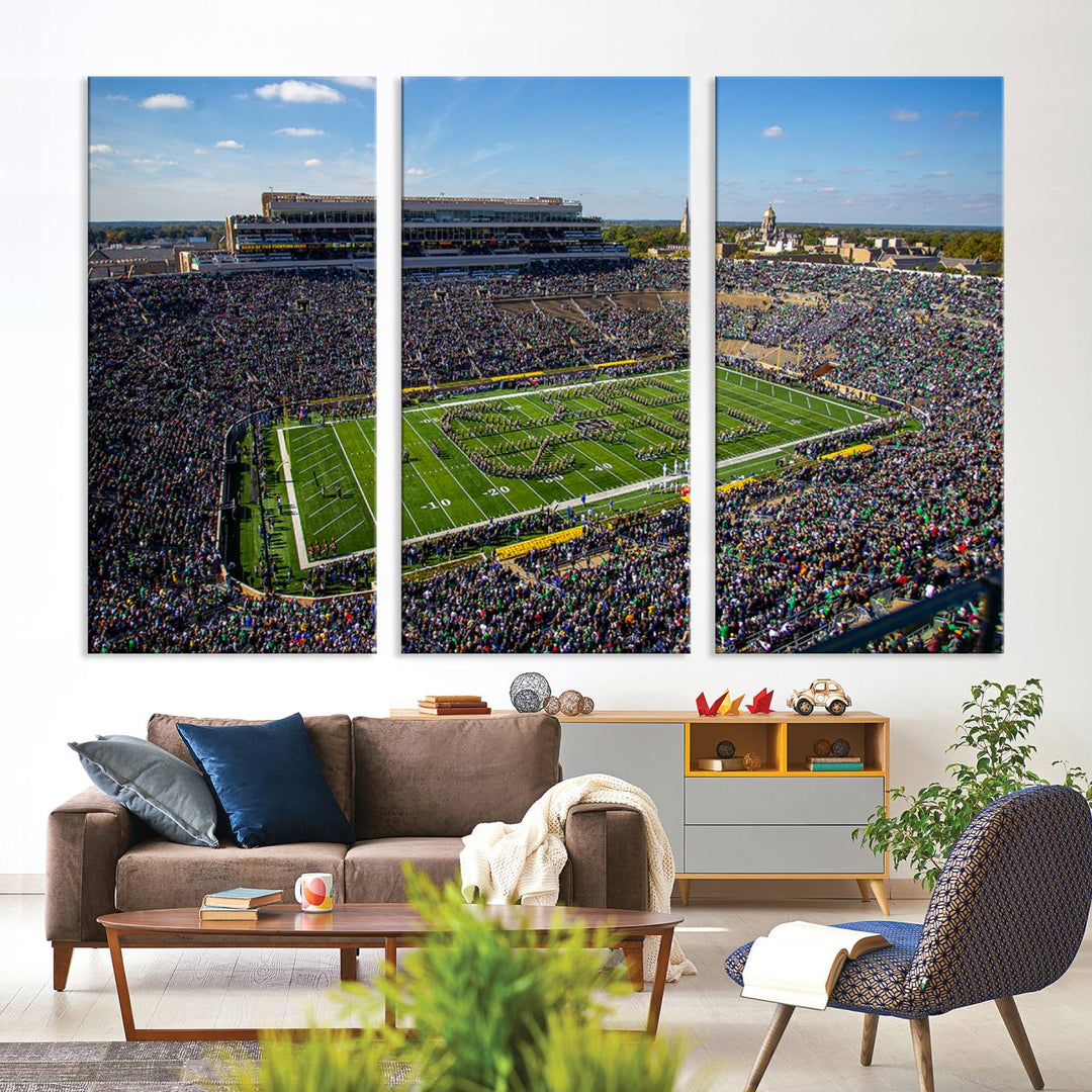 Aerial shot of packed stadium on green; Notre Dame Fighting Irish Stadium Wall Art Canvas Print.