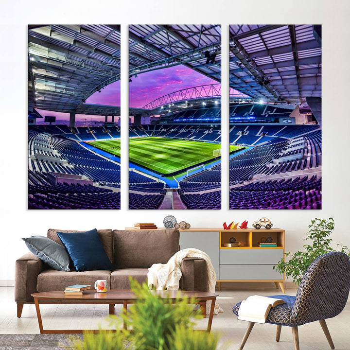 The FC Porto Soccer Team Dragon Stadium Wall Art Canvas Print decorates the room.