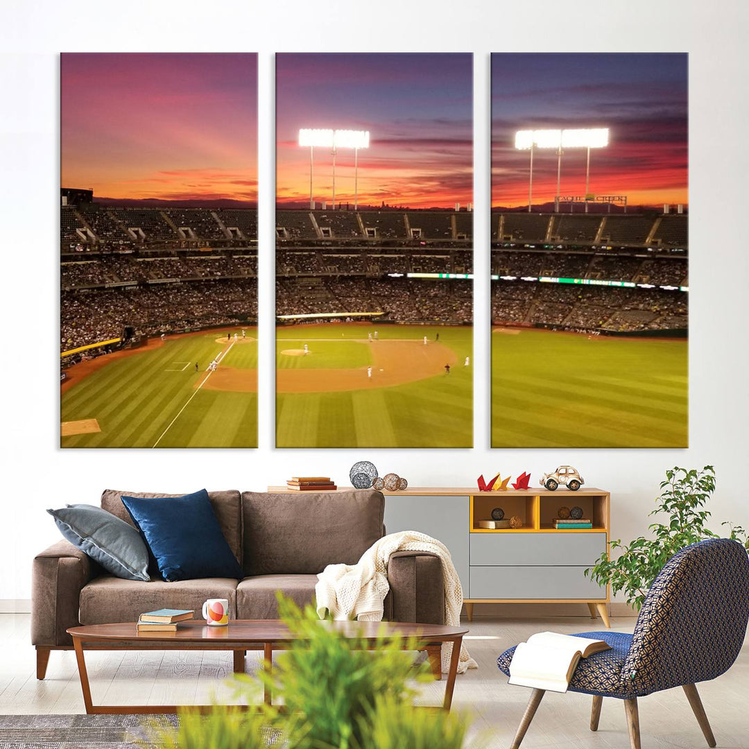 The Oakland Coliseum print is a museum-quality canvas depicting a full crowd and a sunset.