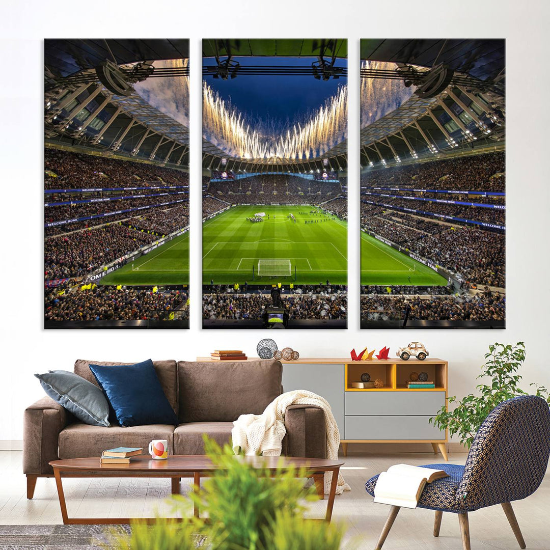 A stunning Tottenham Hotspur Stadium wall art captures the energy of a stadium packed with fans and vibrant lights.