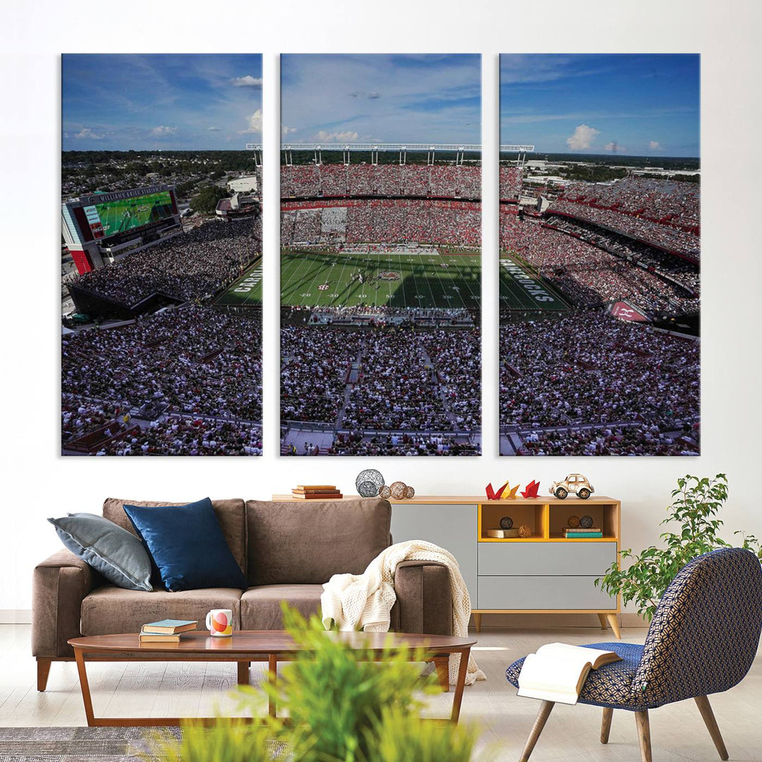 The wall art is a South Carolina Gamecocks print, showcasing Williams-Brice Stadium from a distance under clear skies.