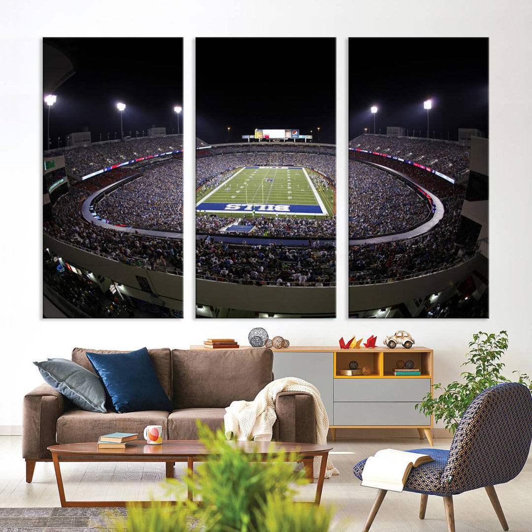 The Buffalo Bills NFL Highmark Stadium at night print captures the bright lights, conveying an exhilarating atmosphere.