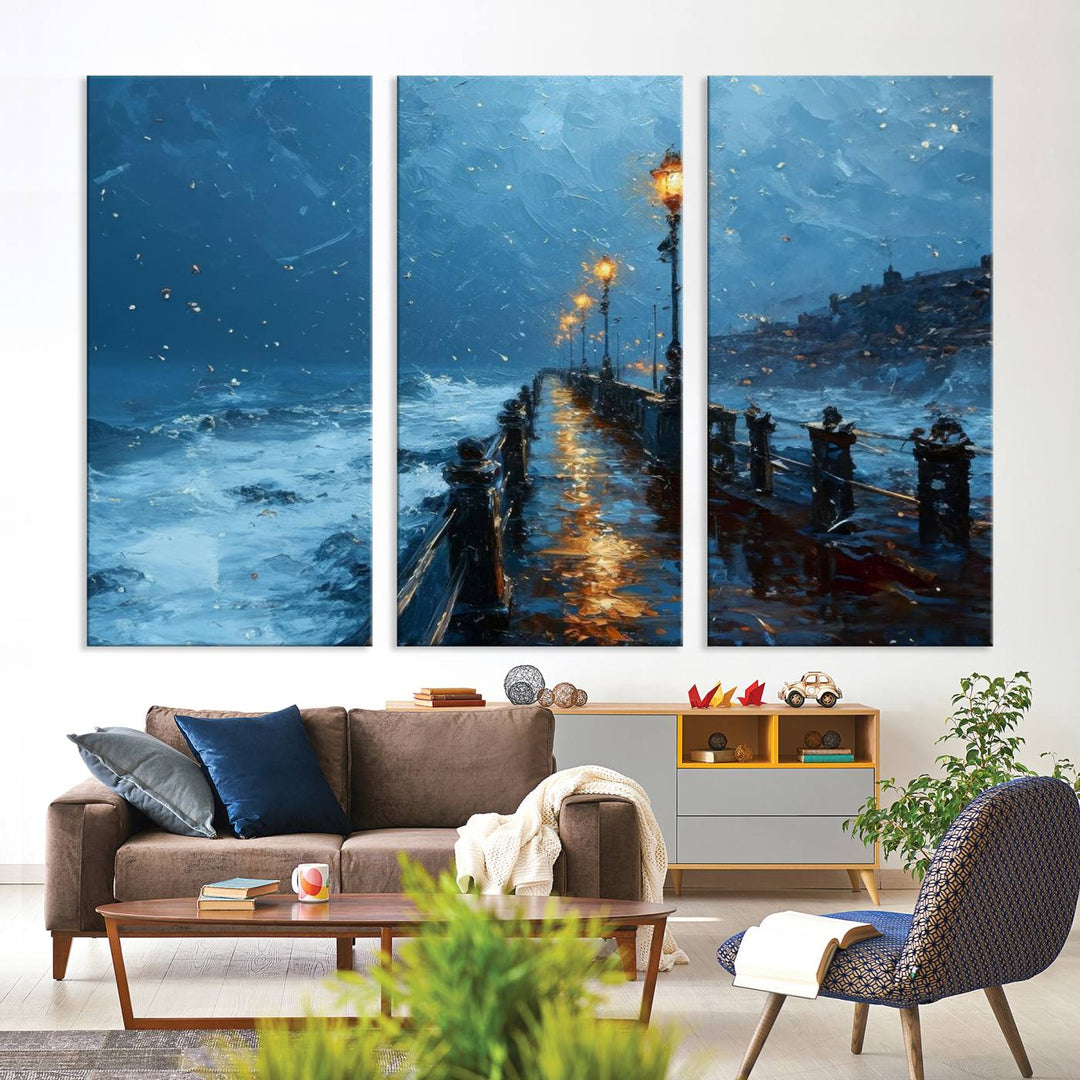 Framed 3-Panel Seaside Night Pier Oil Painting Canvas Wall Art | Ready to Hang Coastal Landscape Art for Modern Living Room, Office, or Bedroom Decor