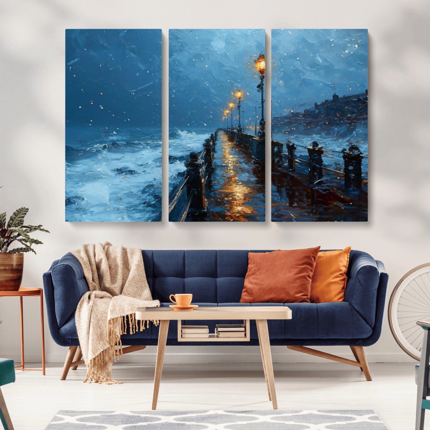 MGV-CV-48X32-3P - Stormy Night at Beach Pier Oil Painting Large Wall Art Print, Framed Canvas Nature Wall Decor,