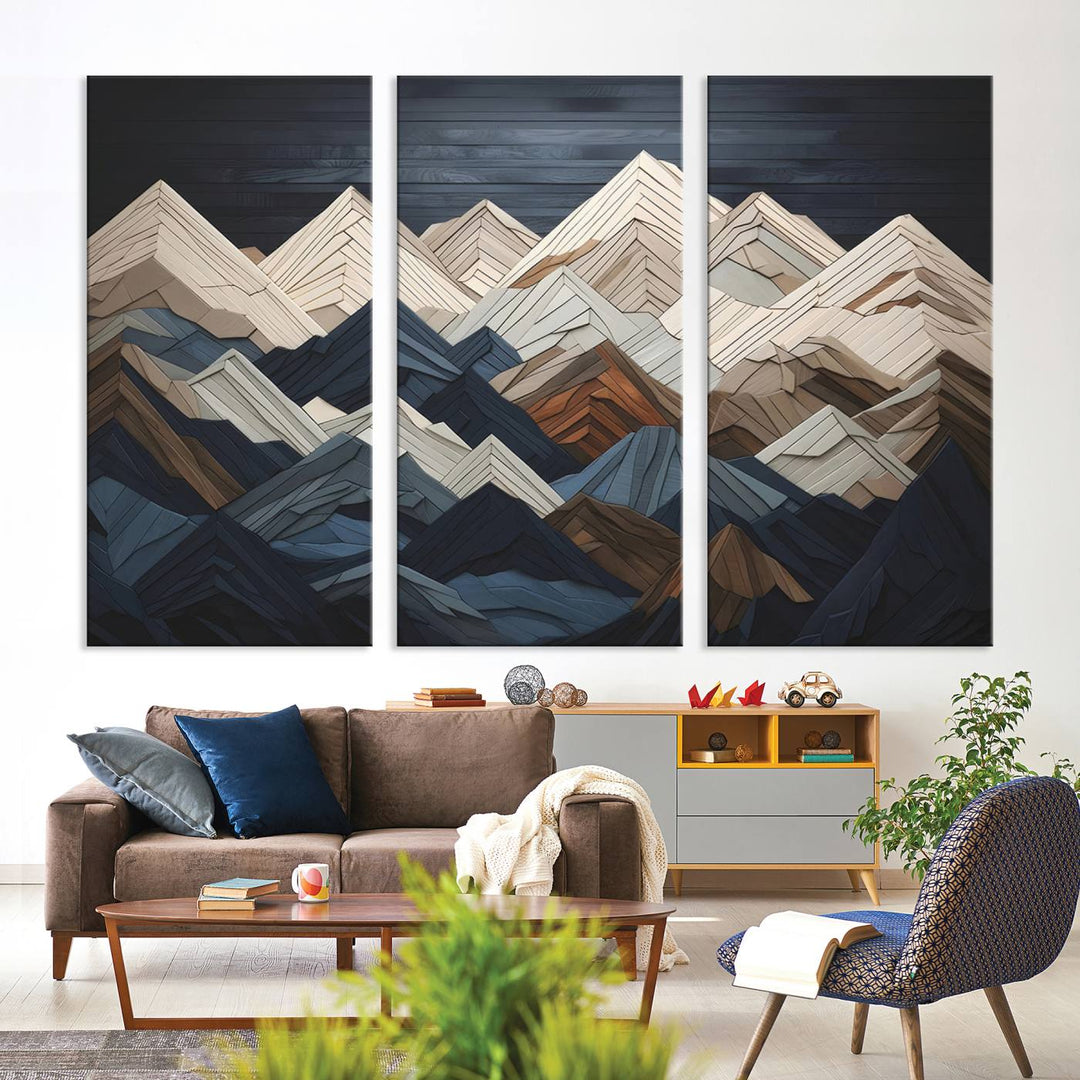 Wood Mountain Range Wall Art - Ready to Hang 3-Piece Set for Modern Rustic Decor, Abstract Wooden Design for Living Rooms Offices