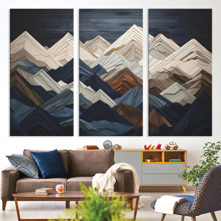 Rustic Mountain Landscape Wall Art Print - Wooden 3D Effect Mountain Canvas Print - Textured Peaks Wall Art for Cabin or Lodge Decor