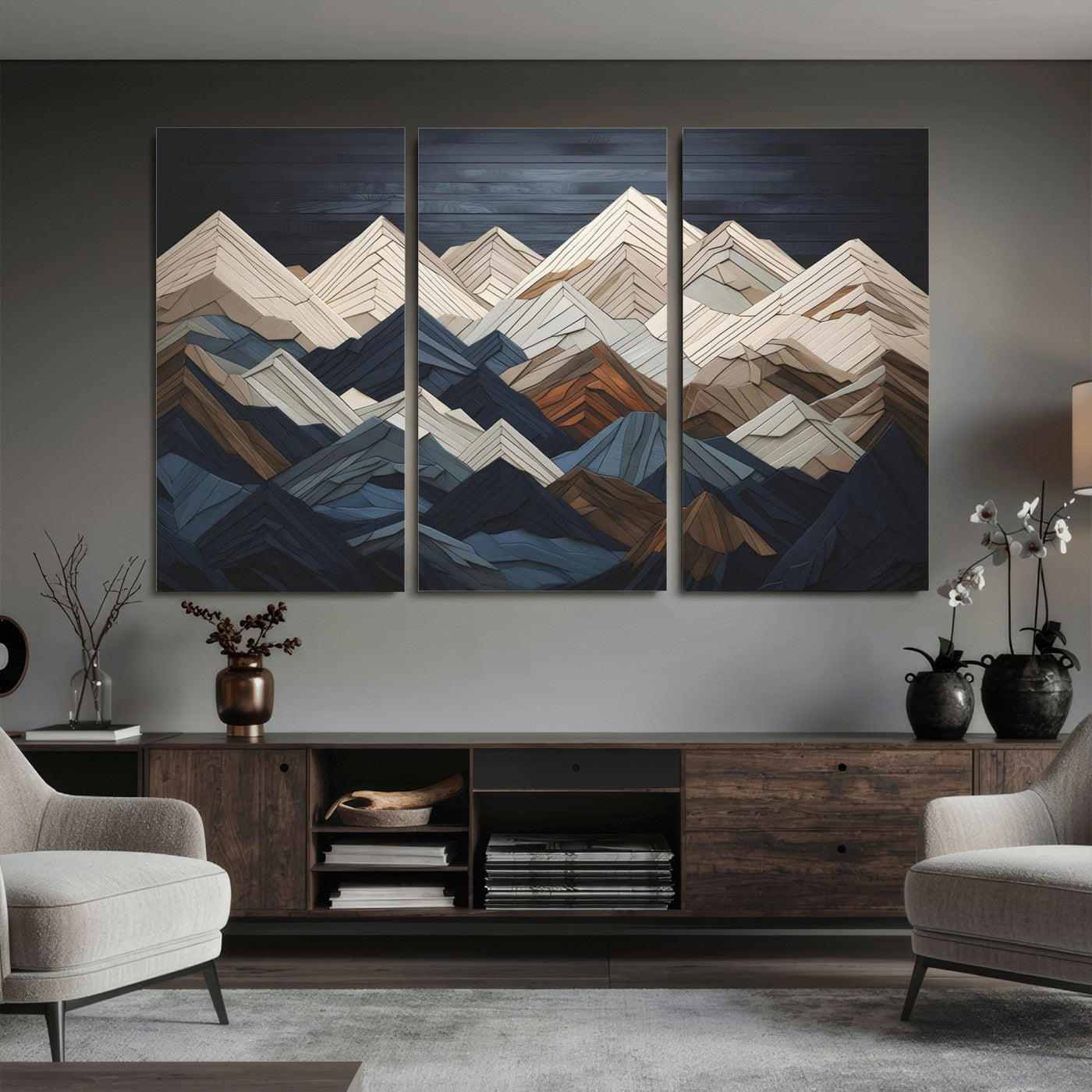 12896-MGV-CV-36X24 - Wood Mountain Range Wall Art - Ready to Hang 3-Piece Set for Modern Rustic Decor, Abstract Wooden