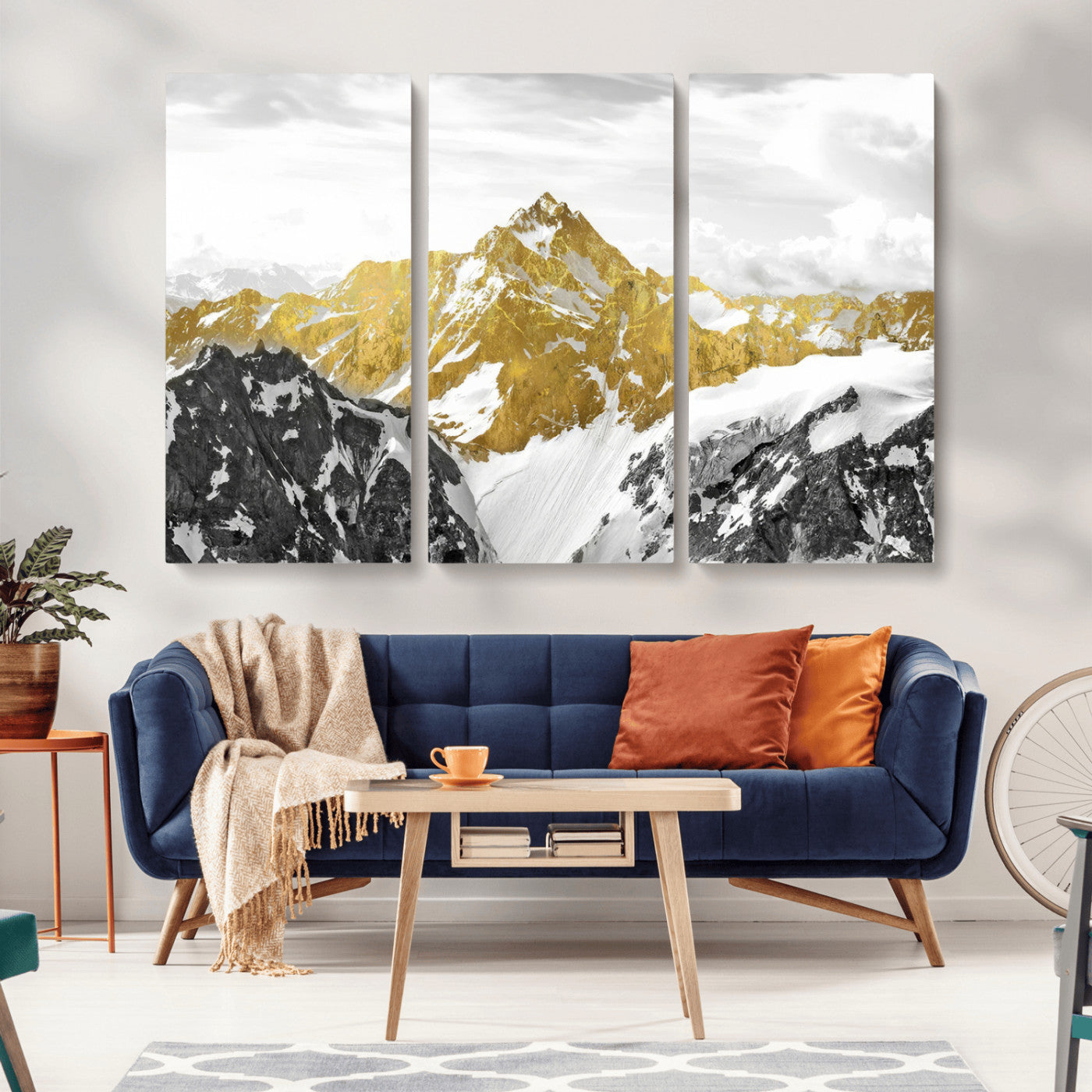 MGV-CV-48X32-3P - Gold Abstract Mountains Wall Art Print on Canvas, Nature Wall Art Print,