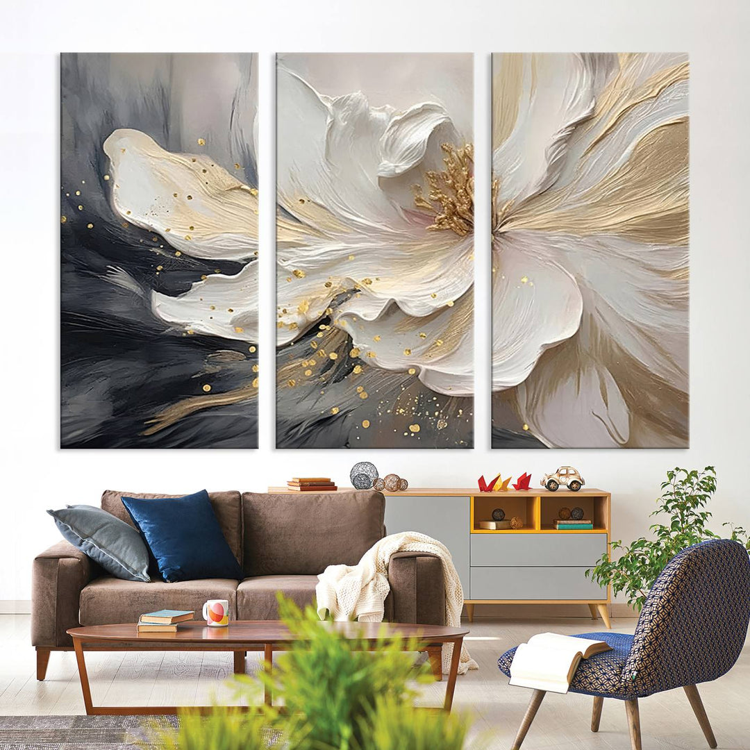 The abstract floral wall art canvas print features a large flower with gold accents.