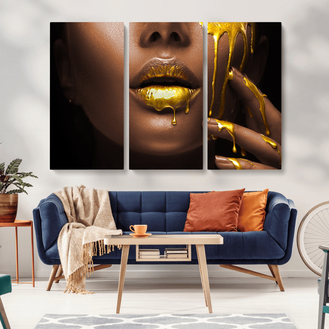 MGV-CV-48X32-3P - African American Art Black Woman Canvas Print, African Wall Art, Fashion African Woman Gold Lips