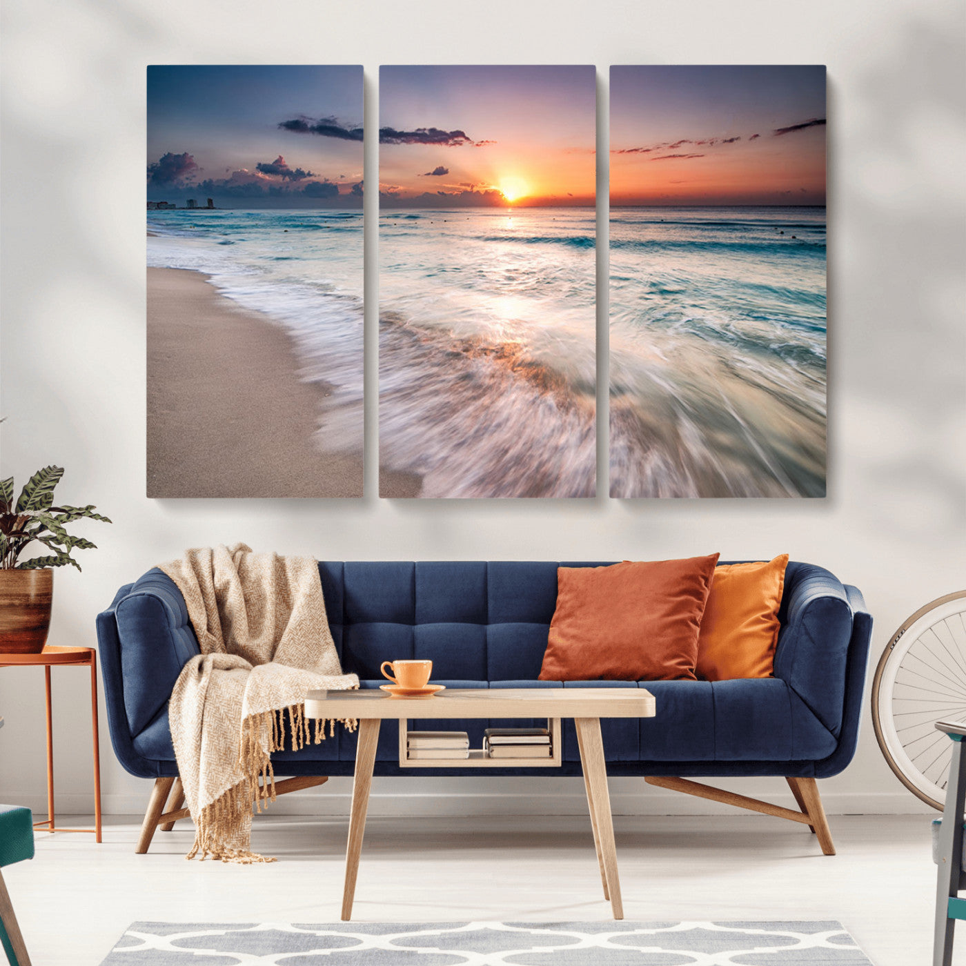 MGV-CV-48X32-3P - Sunset Beach Wall Art – Soothing Coastal Landscape, Ready to Hang for Tranquil Home Decor