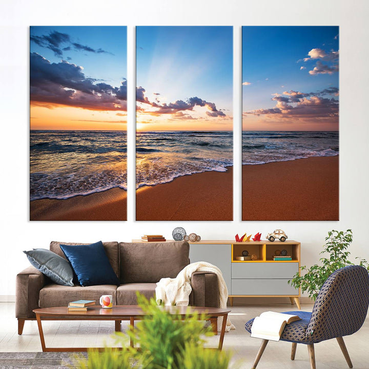 Golden Hour Beach Sunset Wall Art | Canvas Print | Ready to Hang | Coastal Wall Art for Living Room